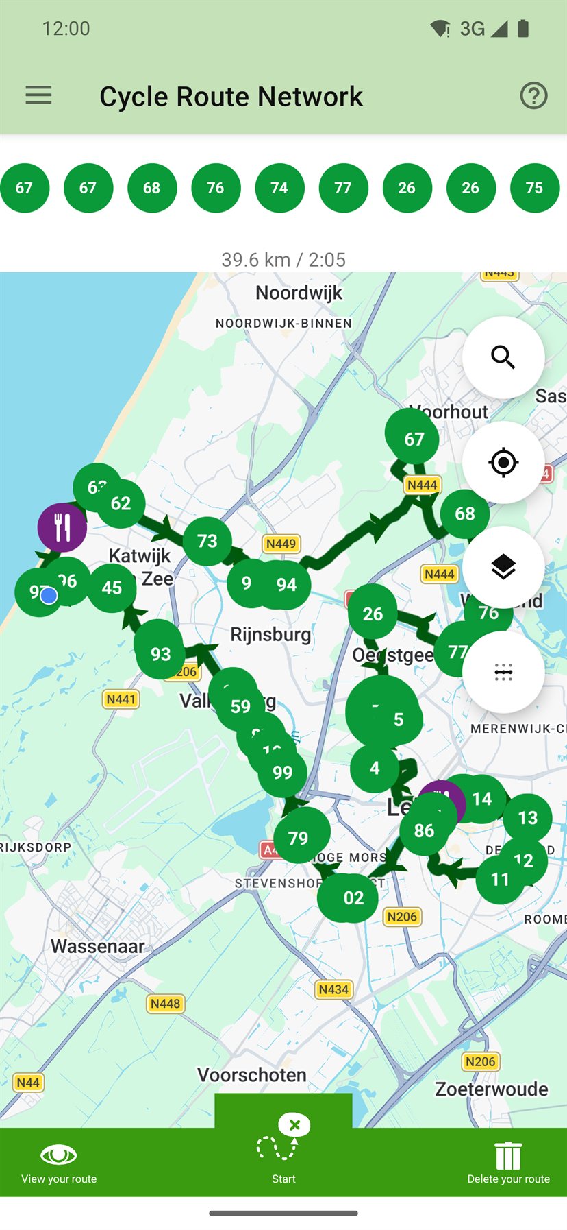 The app showing a route plotted along nodes on the map