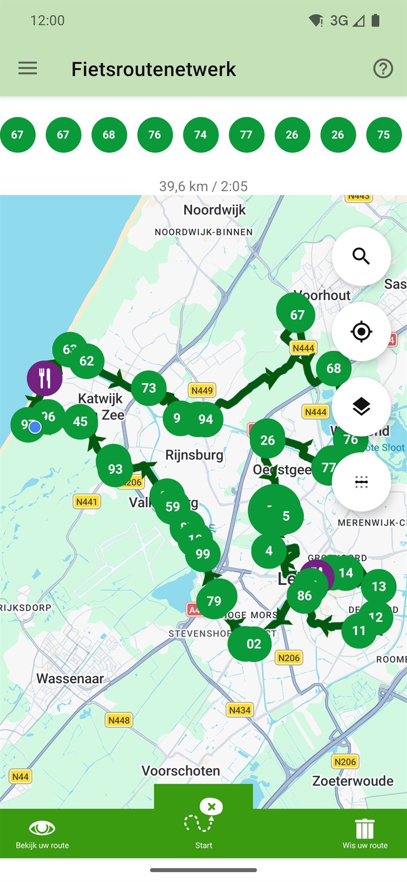 De app met een uitgezette route over knooppunten op de kaart