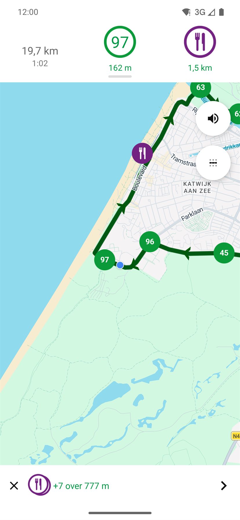 Navigatiescherm van de app onderweg